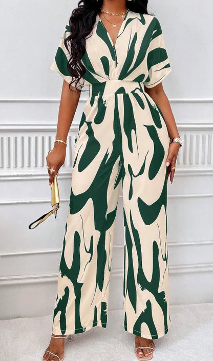 Women Wide Leg Jumpsuit Spring Summer Fashion V Neck Short Sleeve High Waist Full Body Printed Jumpsuits Casual One Pieces