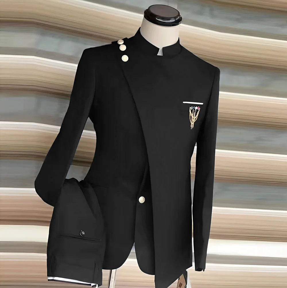 African Style Men's Suit 2 Piece Set Single Breasted Blazer Groom Wedding Tuxedo Gold Button Design Formal Jacket Pants 2 Piece