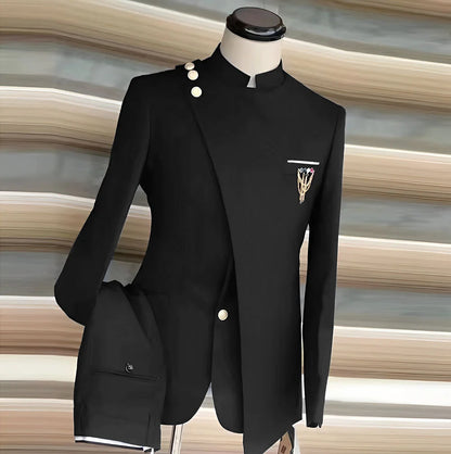 African Style Men's Suit 2 Piece Set Single Breasted Blazer Groom Wedding Tuxedo Gold Button Design Formal Jacket Pants 2 Piece