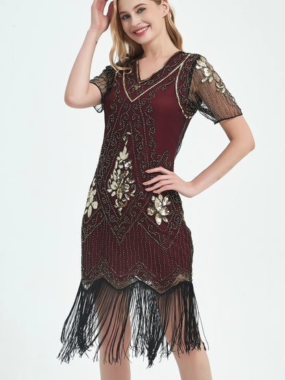 Embellished Beaded Sequin Dress Robe Vestidos Women 1920s Flapper Dress Vintage V Neck Butterfly Sleeve Long Great Gatsby Dress