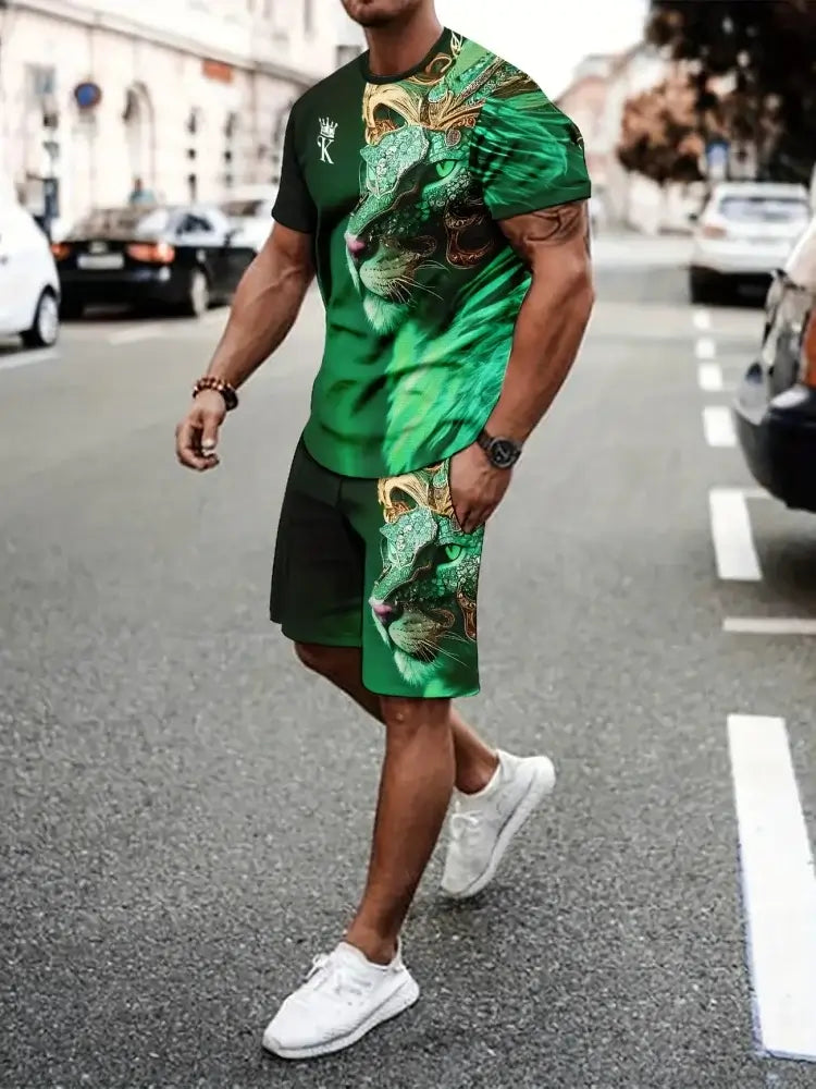 Herren Sommer Kurzarm-Set Hip-Hop Cartoon Bären-Print Kurzarm-Oberteil Shorts Lässiger Zweiteiler Outdoor Urban Street Fashion