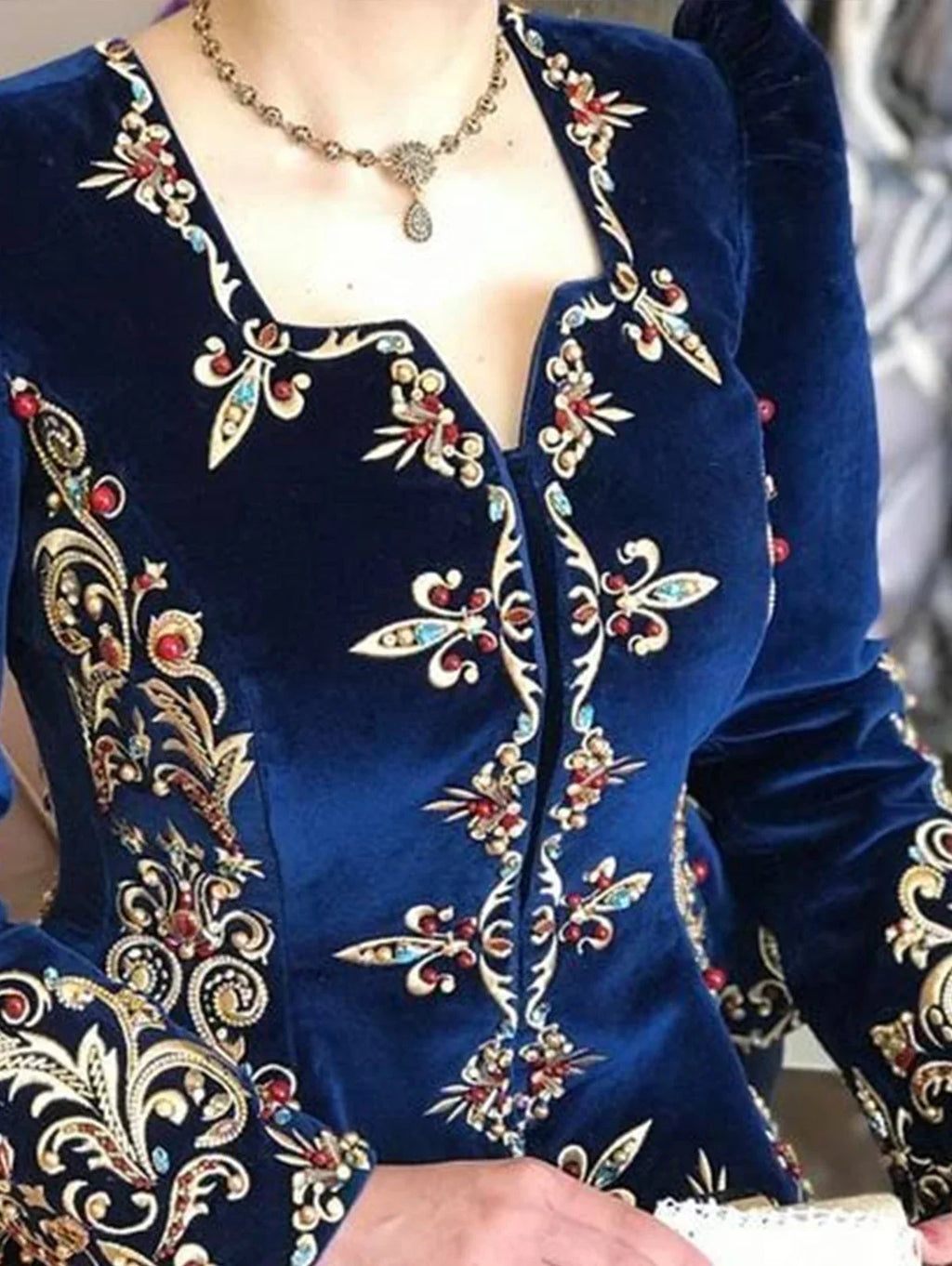 Elegant Chic Women Tops Floral Pattern Deep V Neck Slim Waist Peplum Long Sleeve Design Asymmetric Vintage Velvet Blouse