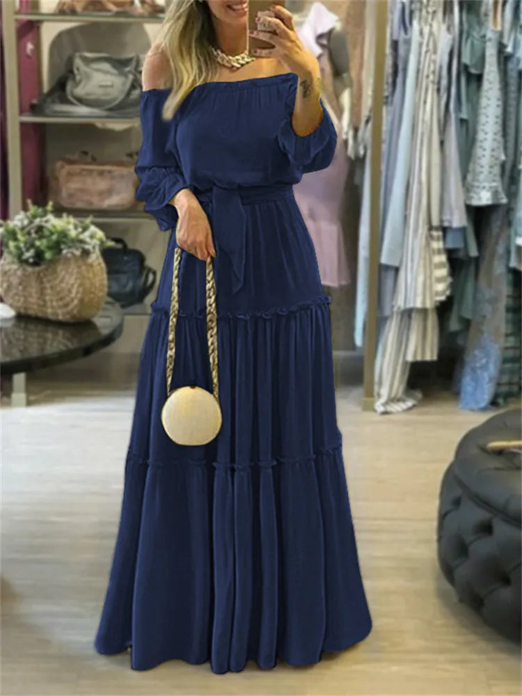 Oversized Loose Maxi Dress Women Sexy Slash Neck Off Shoulder Long Dress Female Solid Long Sleeve Ruffles Bohemian Casual Dress