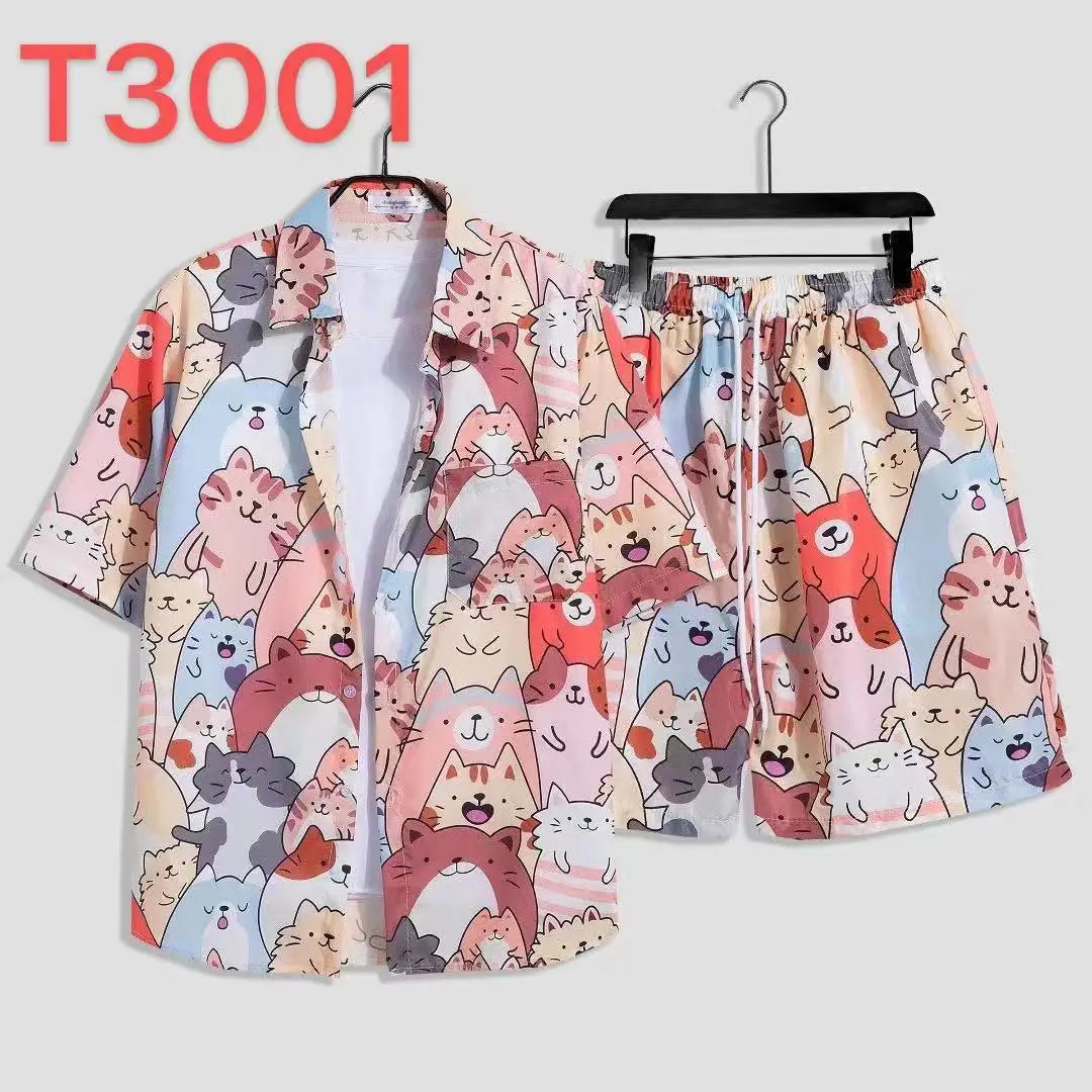 Comfortable flower grass leaf coconut tree 3D Print shirt +Shorts Two Piece Set Short Sleeve Flip collar shirts half pants