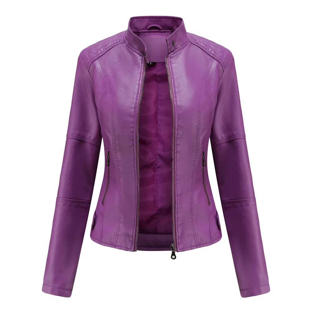 Autumn New Women's Leather Jacket, Fashionable Trim Motorcycle Women PU Coat Black Purple Brown Tops Female Menteau