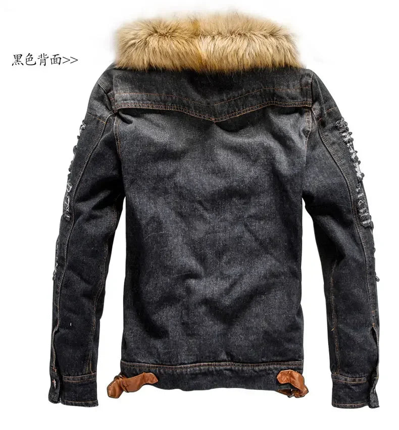 Winter Mens Denim Jacket with Fur Collar Retro Ripped Fleece Jeans Jacket and Coat for Autumn Winter S-6XL