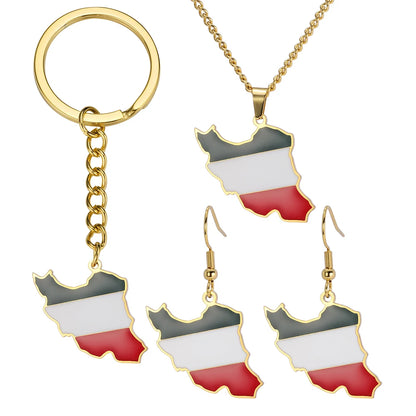 Dawapara Iran Map Pendant Jewelry Sets Zircon Earrings Keychain Necklace for Women Stainless Steel Map Jewellery