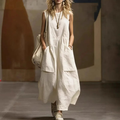 2026 Summer Loose And Simple Sleeveless Cotton And Linen Women's Dress New Fashion Casual Pocket Female Holiday Long Dresses