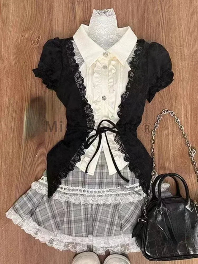 Fashion Sweet Slim Short Sleeve 2 Piece Set Women Design Chic Lapel Bow Patchwork Tops + High Waist Thin Plaid Short Skirt New