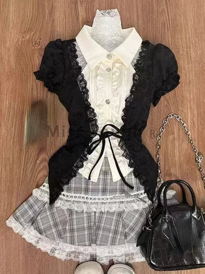 Fashion Sweet Slim Short Sleeve 2 Piece Set Women Design Chic Lapel Bow Patchwork Tops + High Waist Thin Plaid Short Skirt New