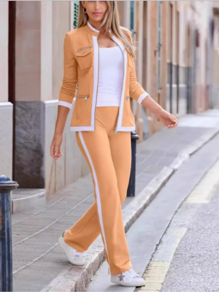 Autumn And Winter New Fashion Solid Color Casual Two Piece Sets Elegant Women Slim Simple Zipper Top Straight Sweatpants Suit
