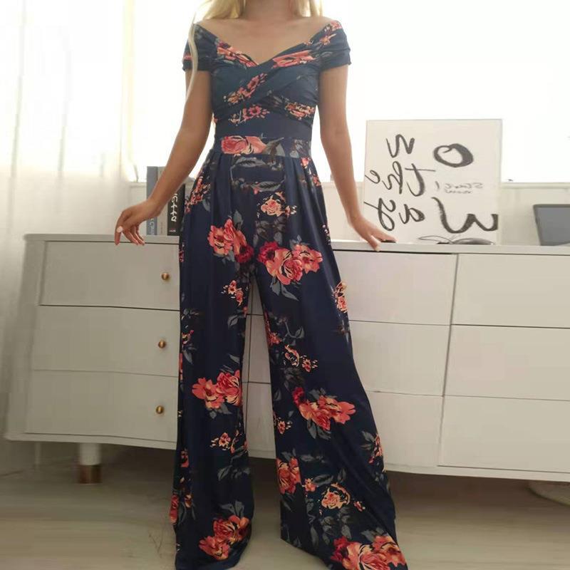 Sexy Outfit Off Shoulder Print Wide Leg Jumpsuit Women 2023 Summer Casual Boho Casual High Waist Jumpsuits Clothes Overalls