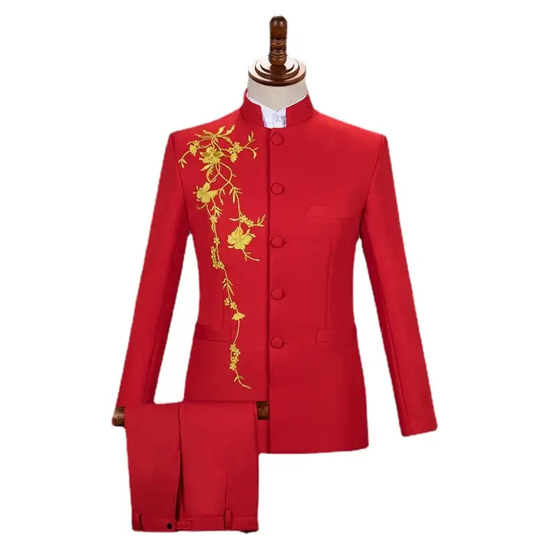 Neuer Herren Stehkragen Bestickter Anzug 2-teilig Schwarz / Weiß / Rot Mode Herren Bühne Party Perform Blazer und Hose