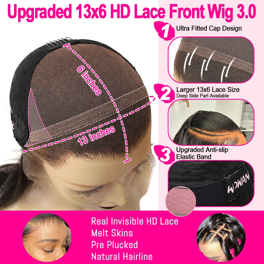 WowAngel 250% Verbesserte 13x6 HD Lace Full Frontal Wigs Glueless Glatte Echthaarperücken Vorgezupfte Natürliche Kopfhaut Brasilianisches Haar