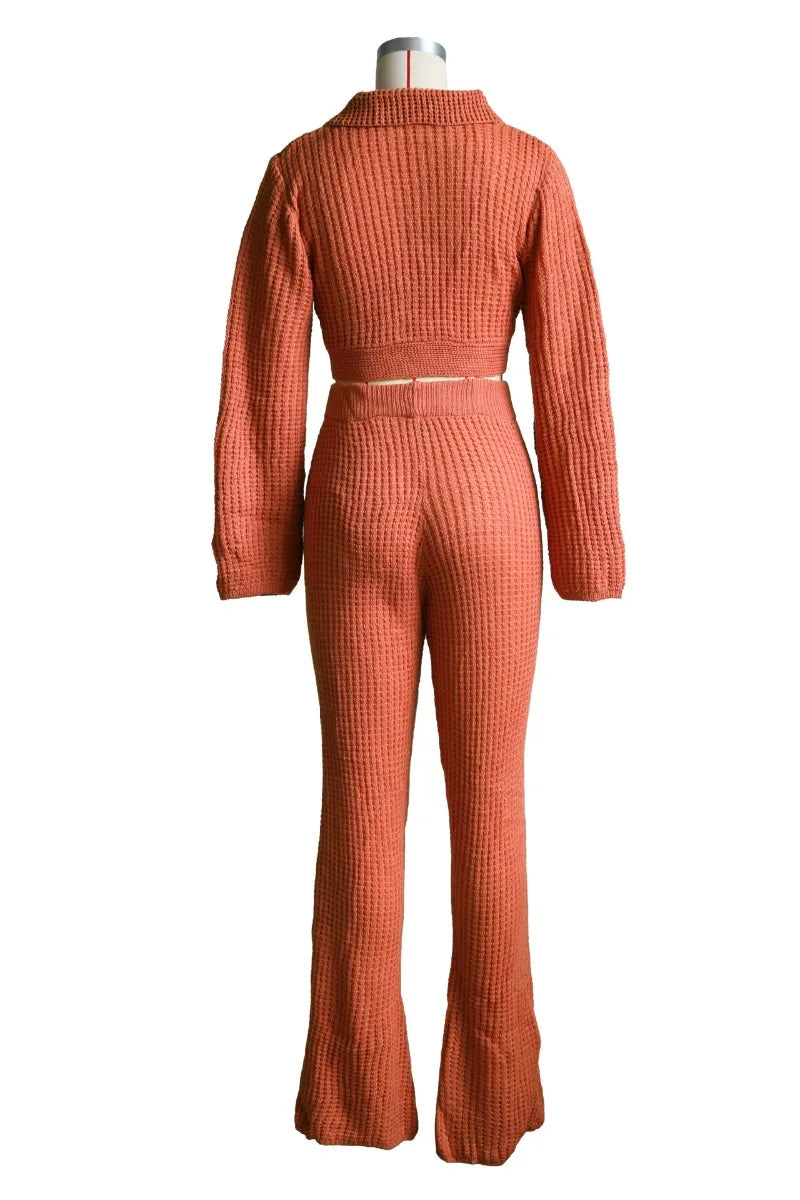 Solid Hollow Out Knitted Two Piece Set Women Long Sleeve Lace Up Cardigan Crop Tops High Waist Flare Pants Stretch Casual Suits