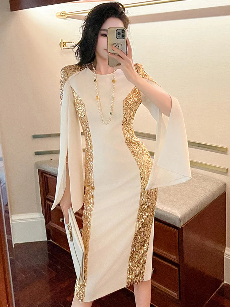 Exquisite Host Banquet Evening Dress Women 2023 Luxury Style Gold Sequins White Slim Robe Femme Party Prom Vestidos Catwalk Gown