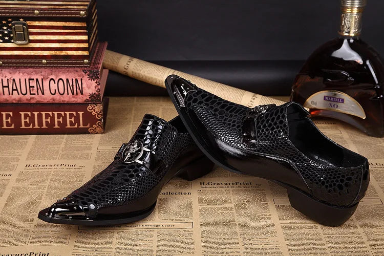 Italienischer Stil Herren Business Schuhe Schwarz Metall Spitz Zehen Schlangenmuster Echtes Leder Schuhe Party Schuhe Herren Flach