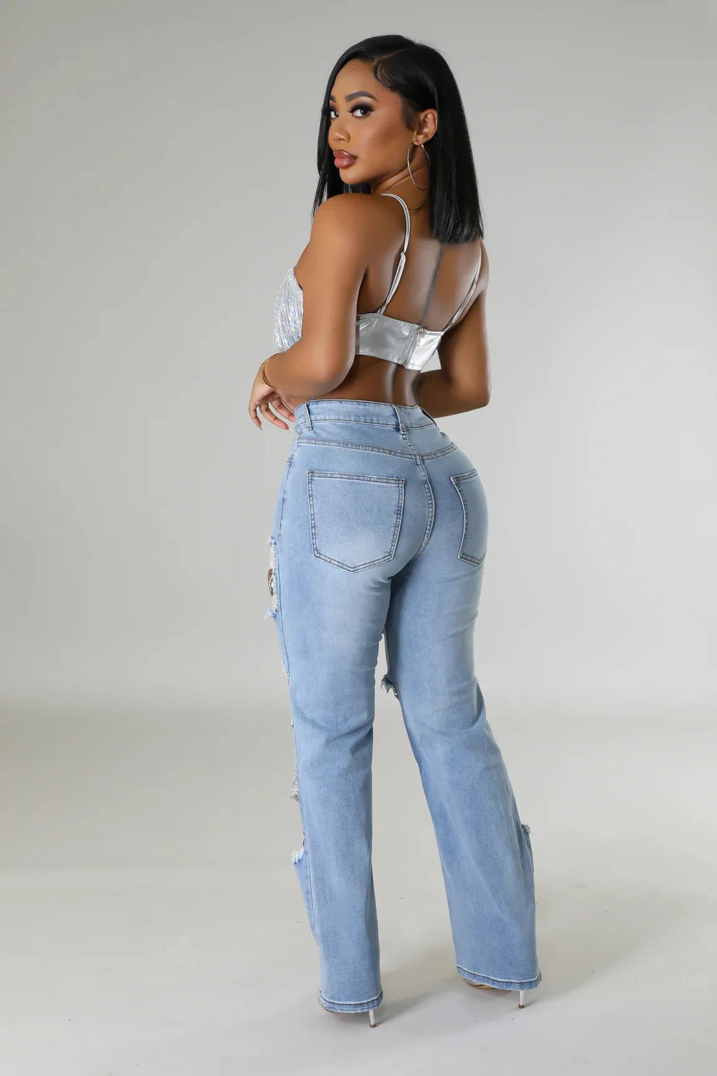 CM.YAYA Women Fashion Pearl Beading Ripped Hollow Out Tassel Wide Leg Jeans  New Summer INS Street Denim Pants Trousers