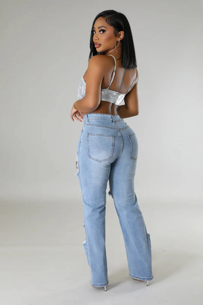 CM.YAYA Women Fashion Pearl Beading Ripped Hollow Out Tassel Wide Leg Jeans  New Summer INS Street Denim Pants Trousers