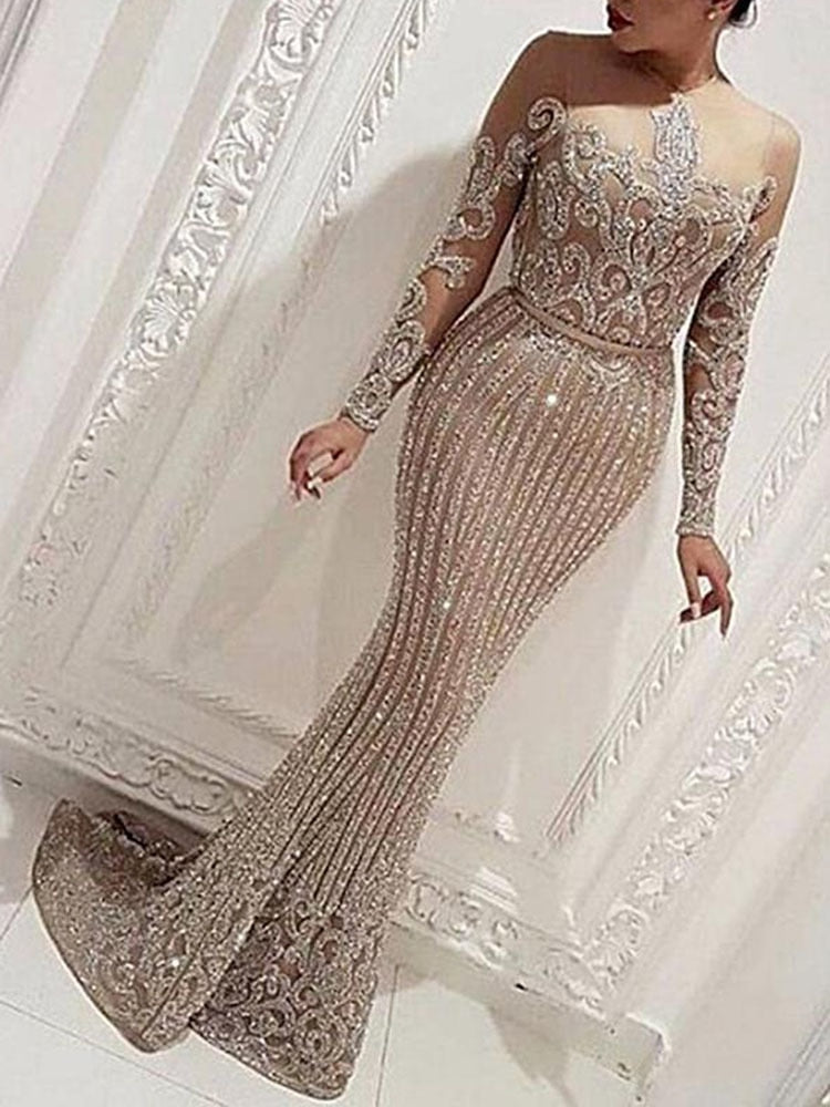 Y2K Women's Sequined Train Dress Solid Color Strapless Embroidery Long Sleeve Office Lady Female Elegant Dresses 2023 Summer