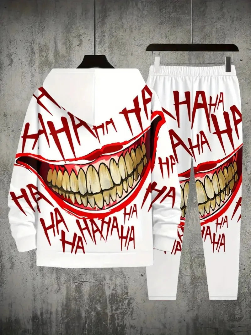 The 2025 Spring and Autumn new men's hoodie set features a casual fashionable and comfortable 3D smiling face pattern print