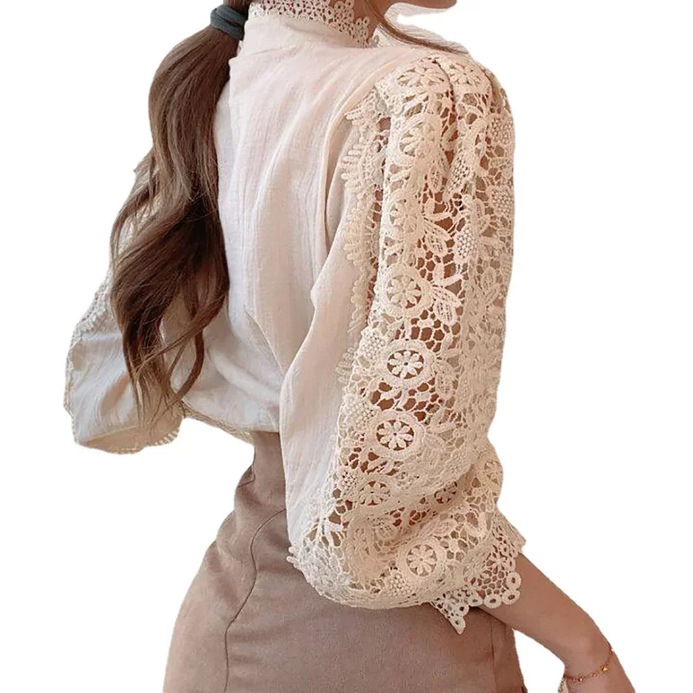 Women White Lace Blouse Long Sleeve Vintage Lace Shirt Korea Fine Elegant Pearl Button Flower Blouse Sexy OL Office Outfit Top