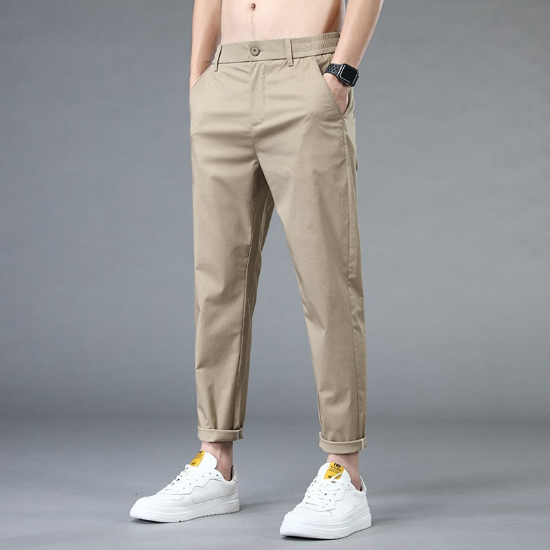 Pantaloni casual de vară până la glezne, bărbați, subțiri, stil clasic, modă, subțiri, drepte, din bumbac, îmbrăcăminte de marcă, pantaloni de culoare solidă pentru bărbați