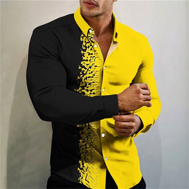 men's T-shirt suit button shirt half splicing trend new geometric flower clear pattern soft and comfortable shirt clothing
