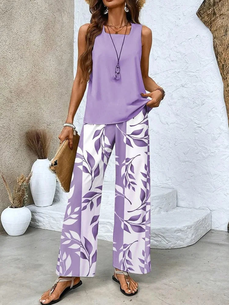 Summer New Women's Flower Stripe Print Two-Piece Set Square Collar Sleeveless Vest Solid Tops & Long Pants Sets Female