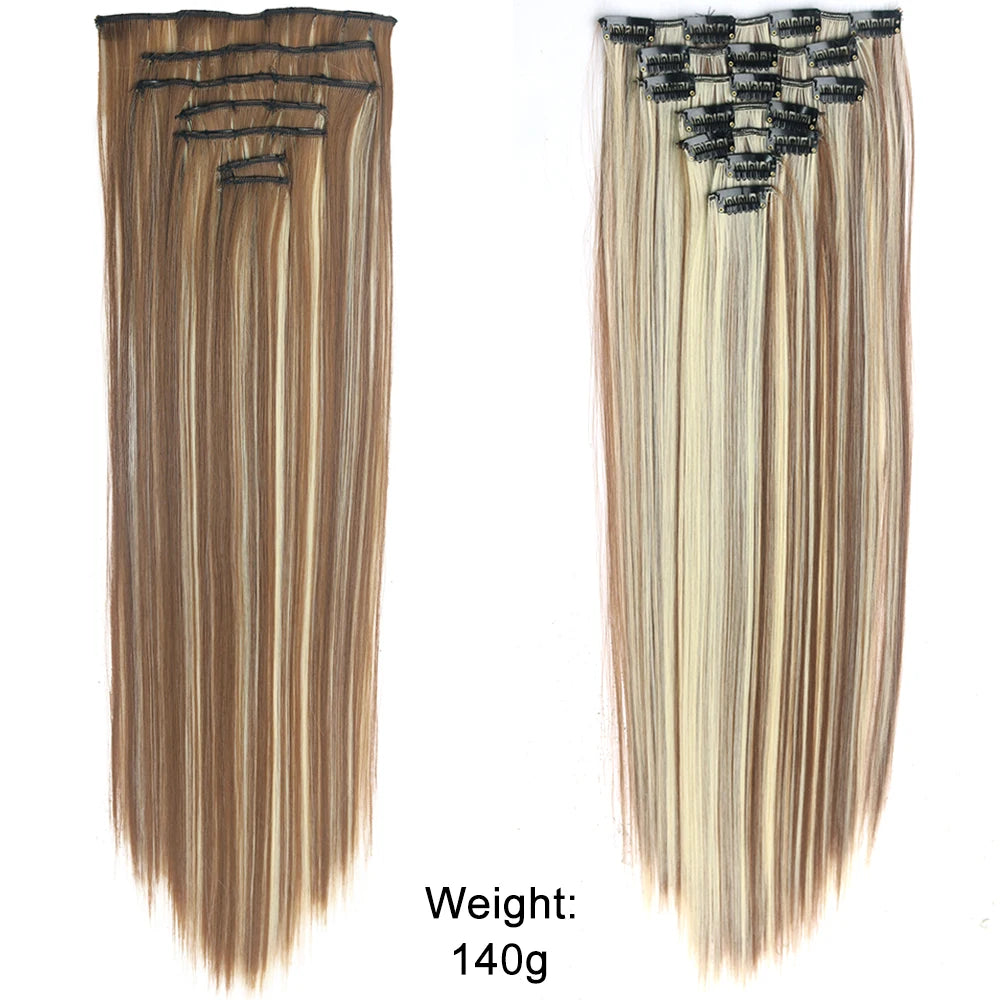 7Pcs/Set 16 Clips Hair Extension Black Long Straight Natural Hair Ombre Hairpiece Heat Resistant Fiber for Women Hairstyle