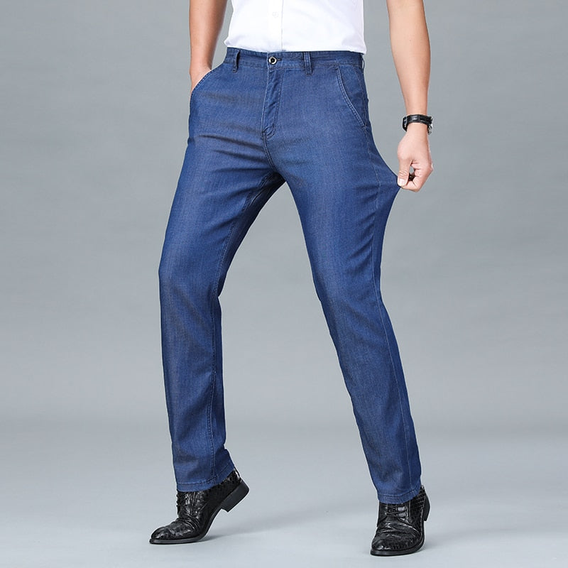 New Spring 2023 Men&#39;s Light Blue Stretch Straight Jeans Business Casual Denim Pants Modal Fabric Trousers Male Brand