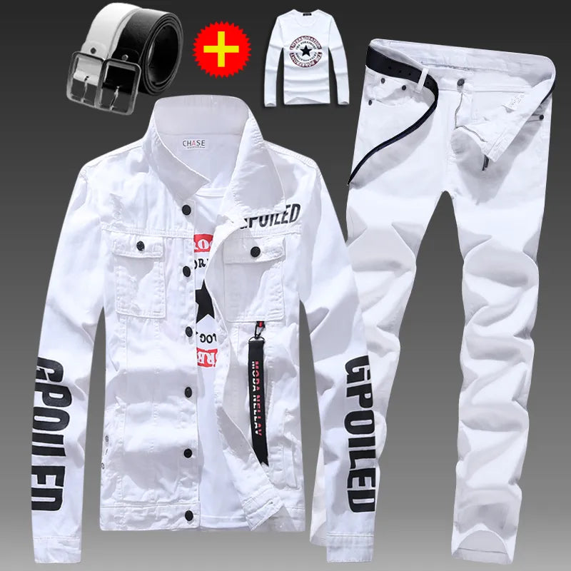 Men's Slim Fit Denim Jacket Pants 2pcs Set Long Sleeve Coats Letters Printed Casual Large Size Black White Red Boys Trousers