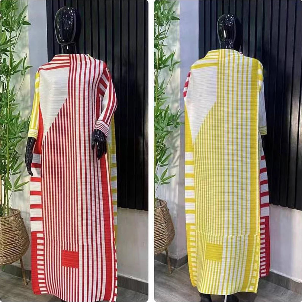 ANLAN Miyake Pleated Stripe Dress Fashion Relaxed Party Temperament Maxi Long Dresses 2024 Summer New Elegant Women's Clothing