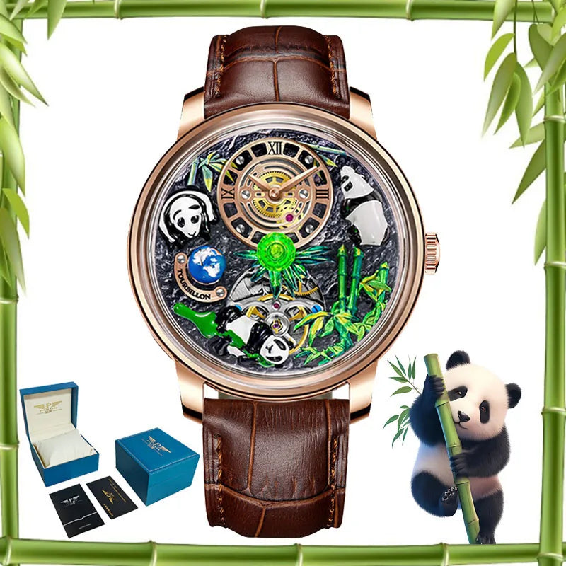 PINDU Dreidimensionale Panda-Zifferblatt-Uhren für Herren High-End Luxus Transparenter Hohlraum Vollautomatische mechanische Armbanduhr