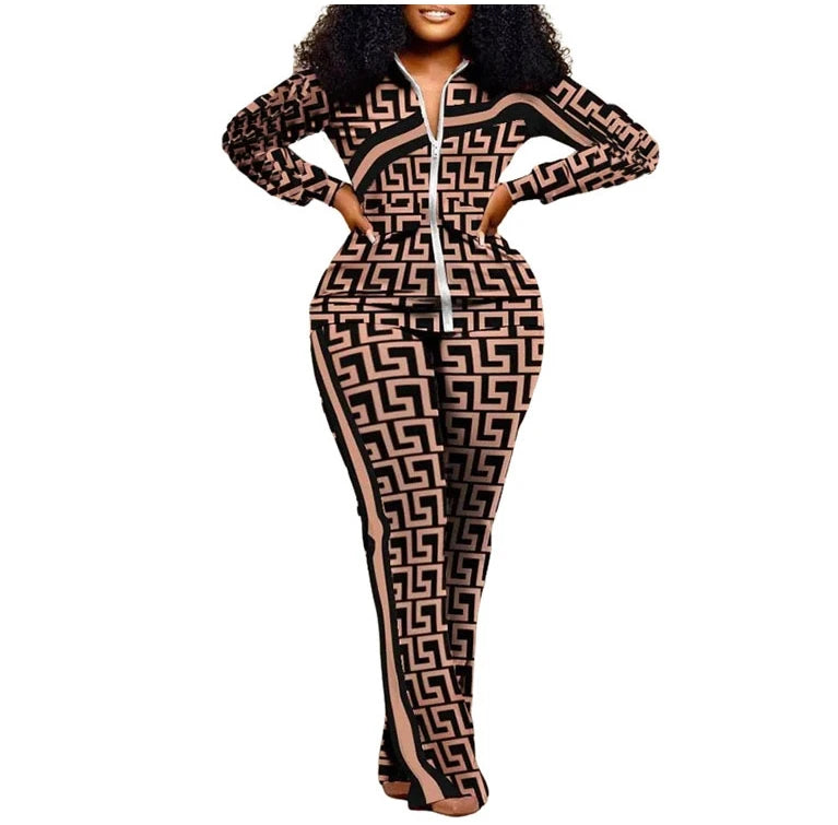 Women Long Sleeve Spliced Zipper Top + Ankle-Length Pants 2 Pieces Set Autumn Winter New Street Fashion Casual Sporty Outfits