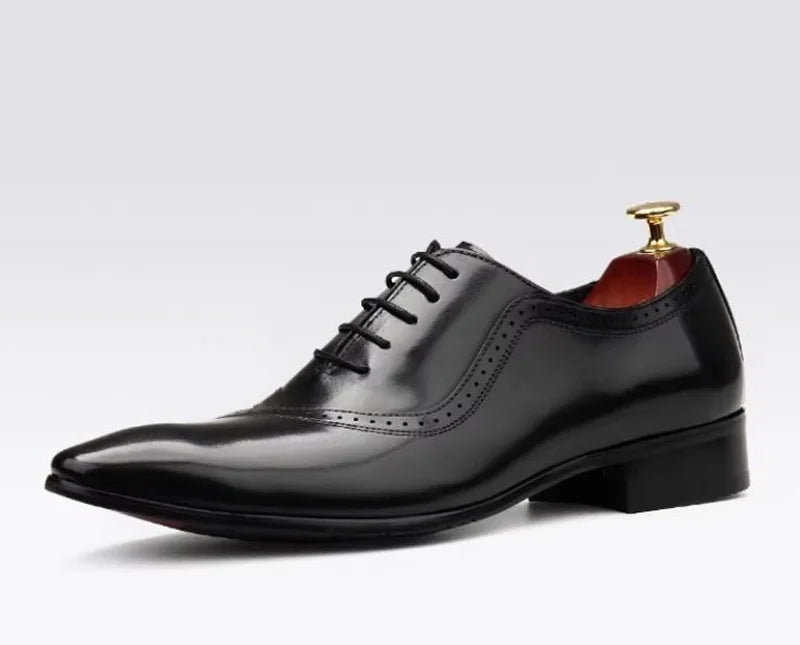 High Quality Cowhide Leather Dress Shoes For Men British Style Pointed Toe Lace-up Genuine Leather Oxford Formal Shoes