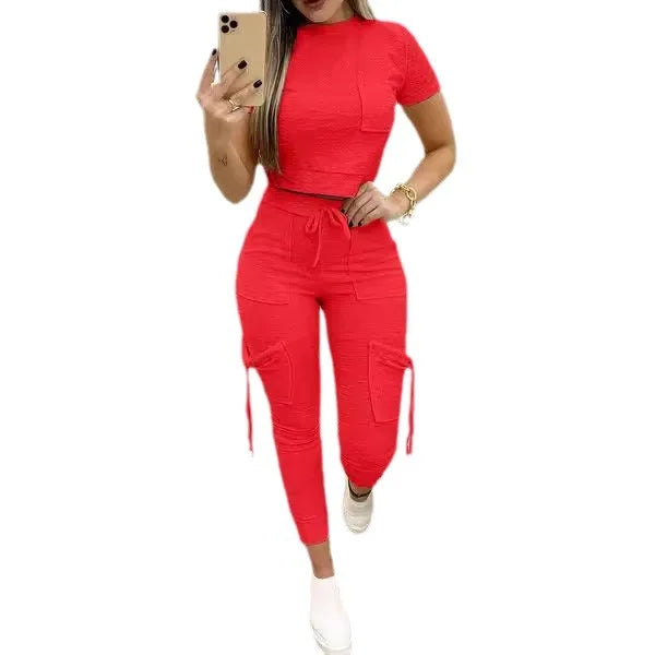 Tight Solid Color Two Piece Set Women Cropped T Shirt Slim Long Pants Pocket Ladies Sets  Spring Summer Sportswear