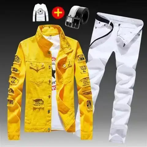 Frühling Herbst Herren Jeansjacke + Jeanshosen Set Mode Einreiher Mantel Hose Zweiteiliger Denim-Anzug