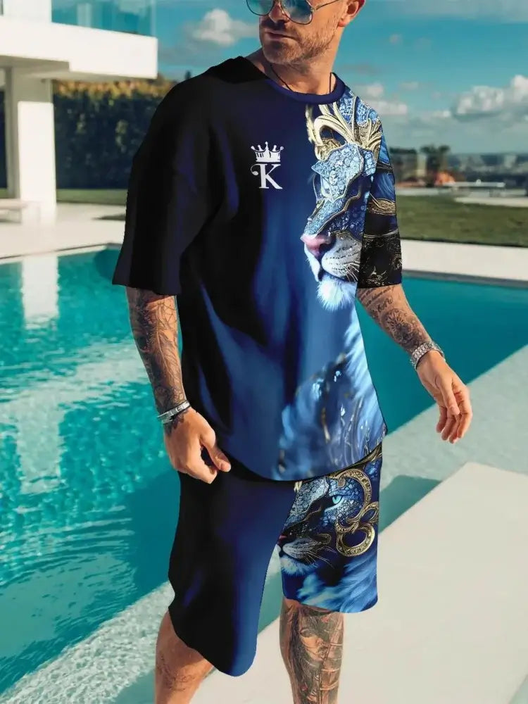Herren Sommer Kurzarm-Set Hip-Hop Cartoon Bären-Print Kurzarm-Oberteil Shorts Lässiger Zweiteiler Outdoor Urban Street Fashion