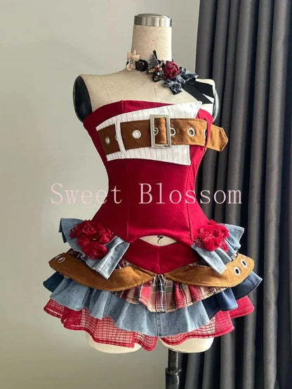 Summer Vintage Elegant Y2K Woman 2 Piece Sets Punk Gothic Strapless Crop Tops +High Waist Ruffle Skirt Female Party Outfits