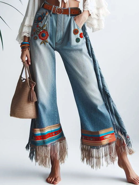 Women Tassel Jeans Pockets Floral Embroidery Patchwork Denim Straight Leg Jeans Ethnic Casual Vintage High Waist Denim Trousers