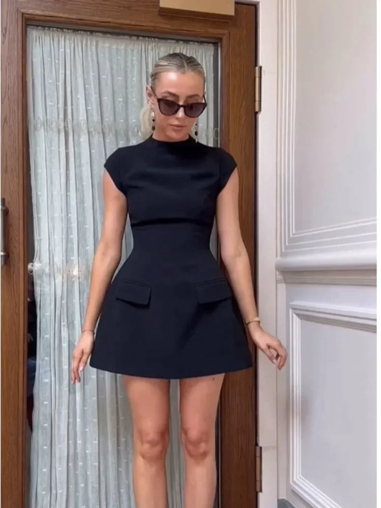 Women Elegant Slim Solid Pockets Mini Dress Fashion O-neck Short Sleeve A-line Dresses 2023 Office Lady Chic Commuting Robes