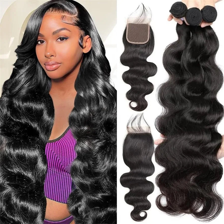 Raw Brazilian Body Wave Bundles With Closure Human Hair Weave Unprocessed Remy Hair 4x4/5x5 Lace Closure With 3/4 Bundles