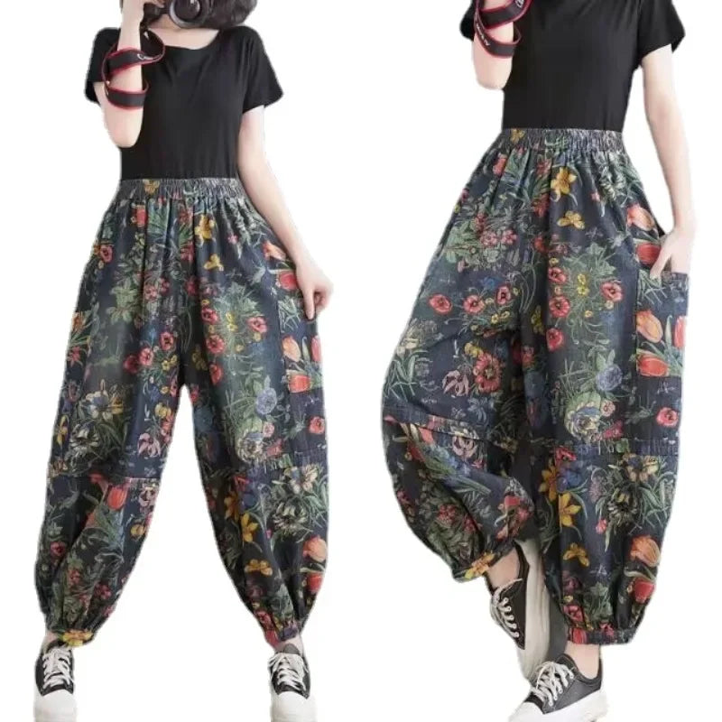 New Fashion Ladies Printed Floral Jeans Women Vintage Blue Denim Pants Female Street Style Oversized Bloomers Pantalons