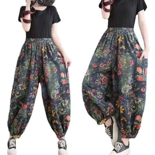 New Fashion Ladies Printed Floral Jeans Women Vintage Blue Denim Pants Female Street Style Oversized Bloomers Pantalons
