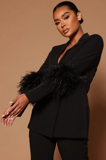 CM.YAYA Vintage Women Fur Hem Long Sleeve Blazer Suit and Pants  Chic OL Fashion Two 2 Piece Set Outfits Basic Tracksuit