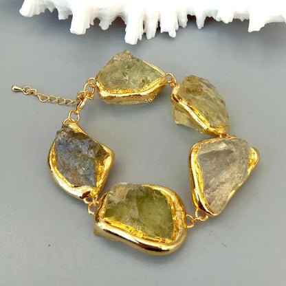 KKGEM Natural 27x33mm Lemon Quartz Rough Raw Nugget Gold Plated Brushed Bead wrap Bracelet Semi Precious Women Jewelry