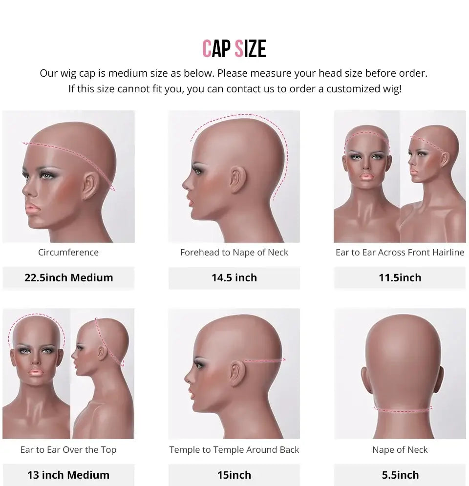 Cap size guide for wigs, showing measurements for circumference, forehead to nape, ear placements, and more.