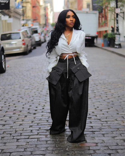 Solid Color Multi-pocket Loose Pants Women High Street Wide Leg Pants Straight High-waisted Oversized Y2K Trousers Pantalones