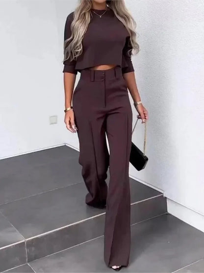 Elegant Office Lady Suits Fashion Solid Color Two Piece Set For Women Casual Crop Top+high Waist Pants Women's Sets  Autumn